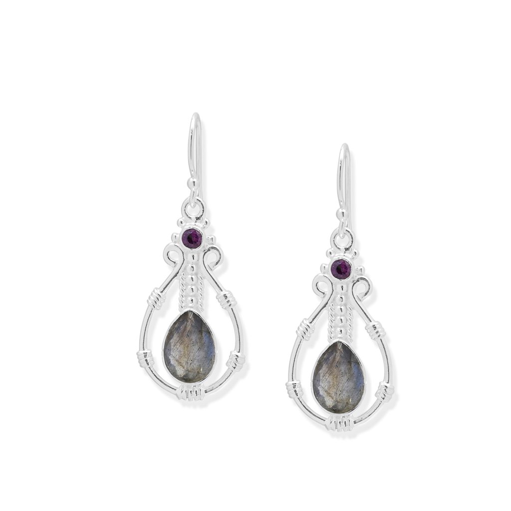 Garnet and Labradorite sterling silver earrings front view