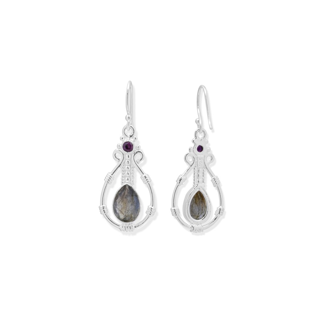 Garnet and Labradorite sterling silver earrings front view