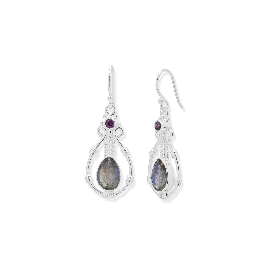 Garnet and Labradorite sterling silver earrings front view