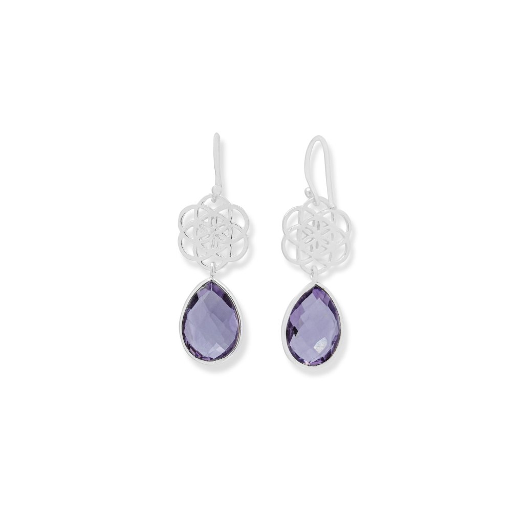 Amethyst 925 sterling silver drop earrings with faceted purple gemstones and intricate floral-patterned silver detailing.