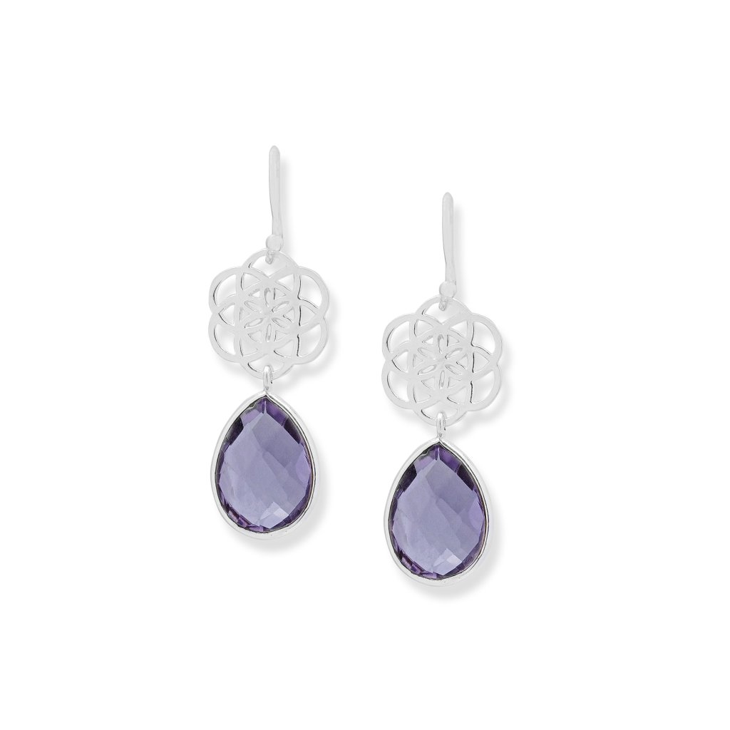 Amethyst 925 sterling silver drop earrings with faceted purple gemstones and intricate floral-patterned silver detailing.
