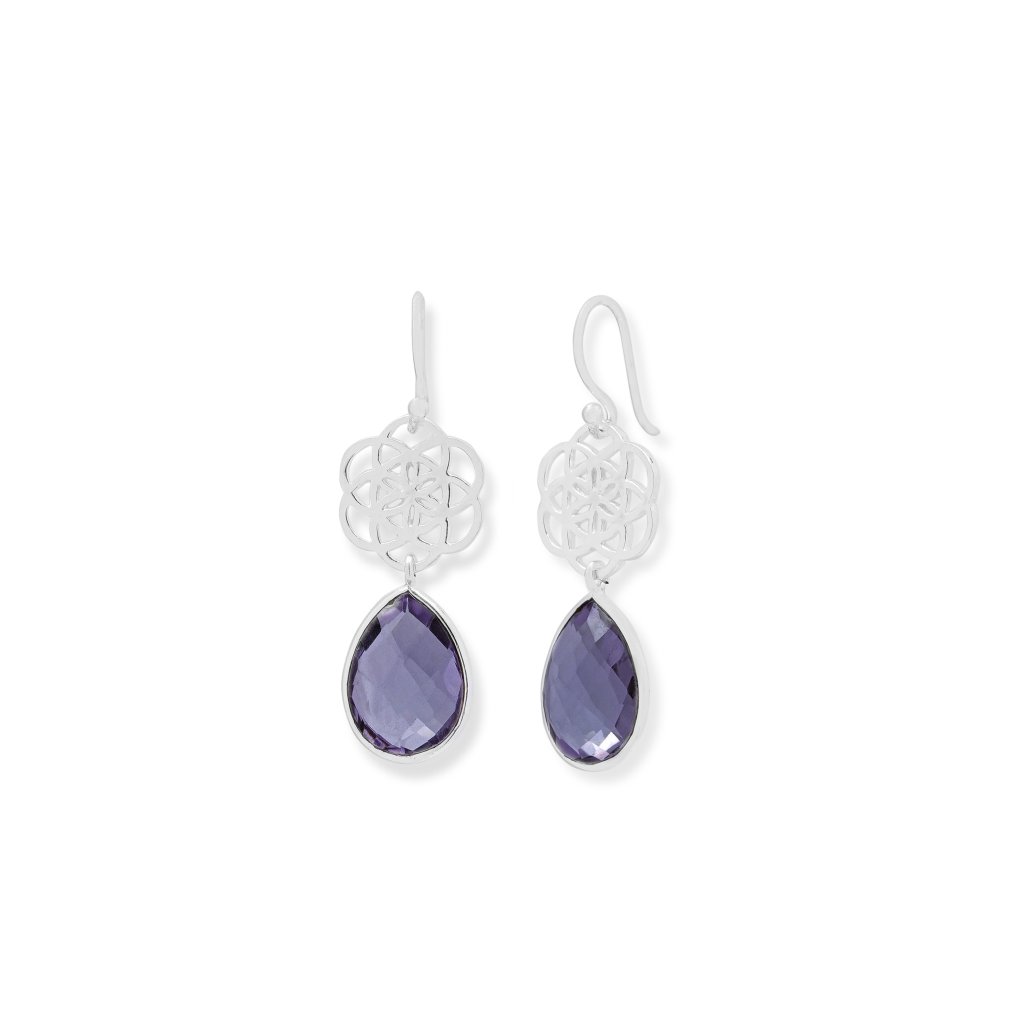 Amethyst 925 sterling silver drop earrings with faceted purple gemstones and intricate floral-patterned silver detailing.