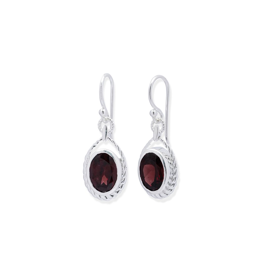 Garnet 925 sterling silver drop earrings with faceted deep red gemstones and intricate twisted silver detailing.