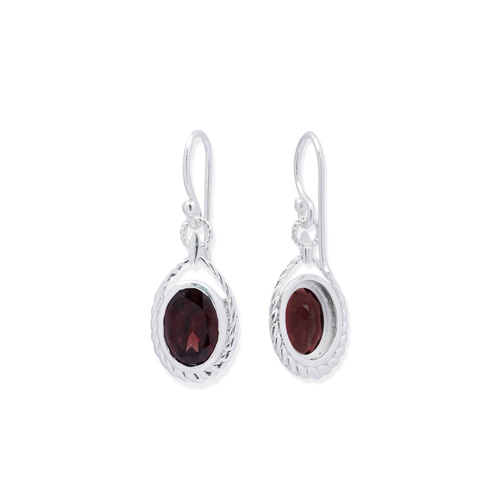 Garnet 925 sterling silver drop earrings with faceted deep red gemstones and intricate twisted silver detailing.