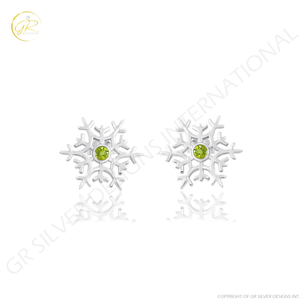 Natural Peridot Birthstone Snowflake Design Sterling Silver Studs Earrings