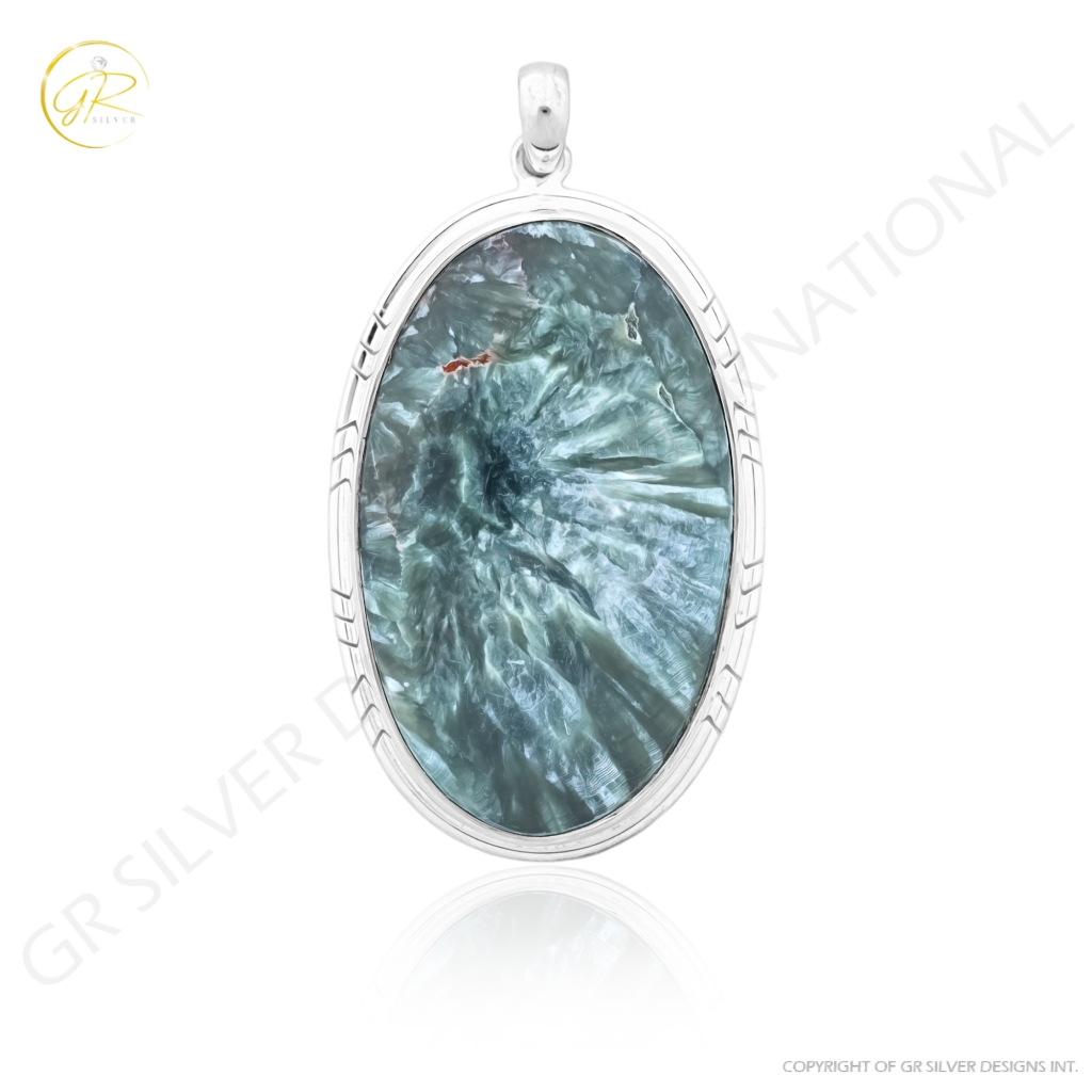 Green Seraphinite Oval Cabochon Sterling Silver Women Pendant