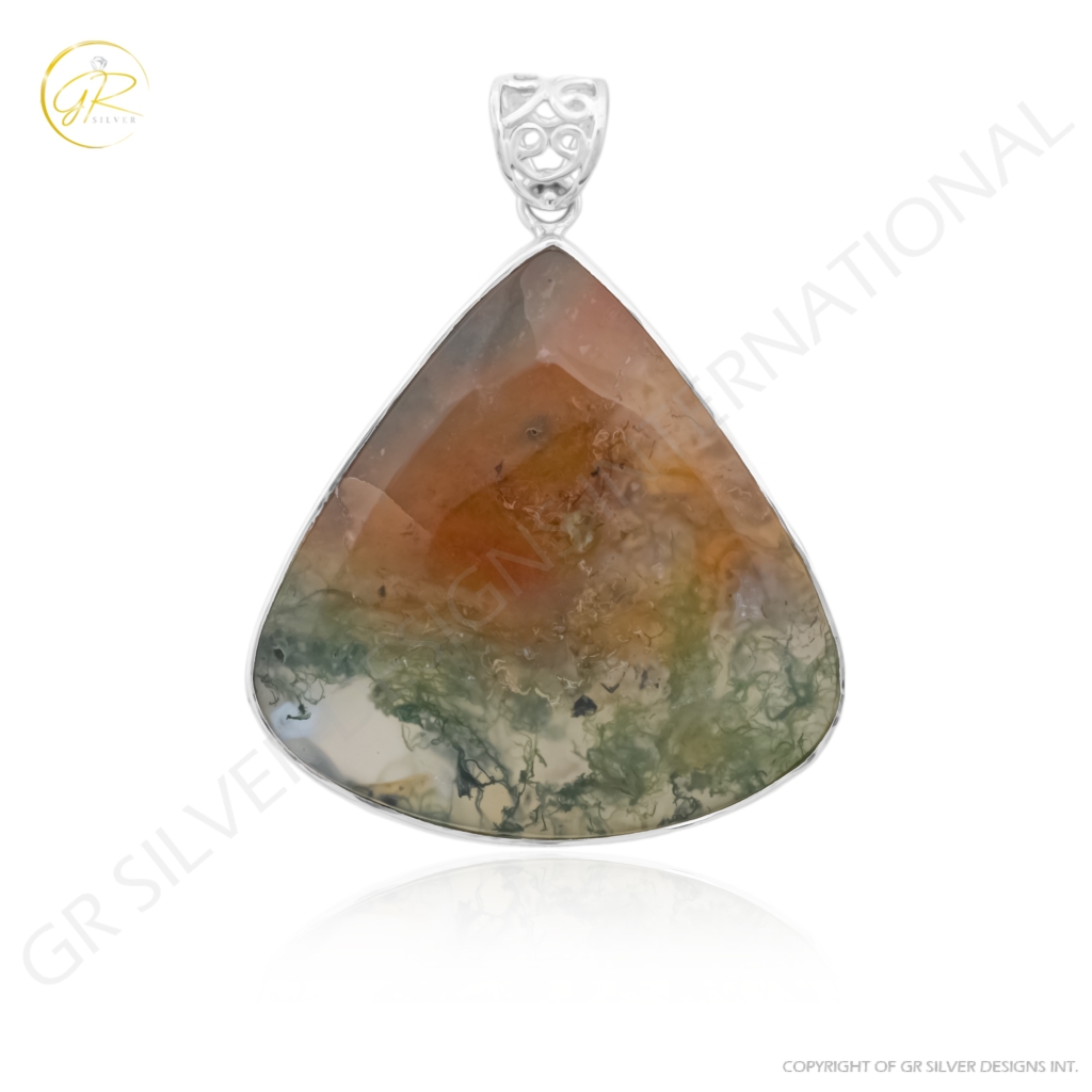 Natural Moss Agate Gemstone Sterling Silver Pendant