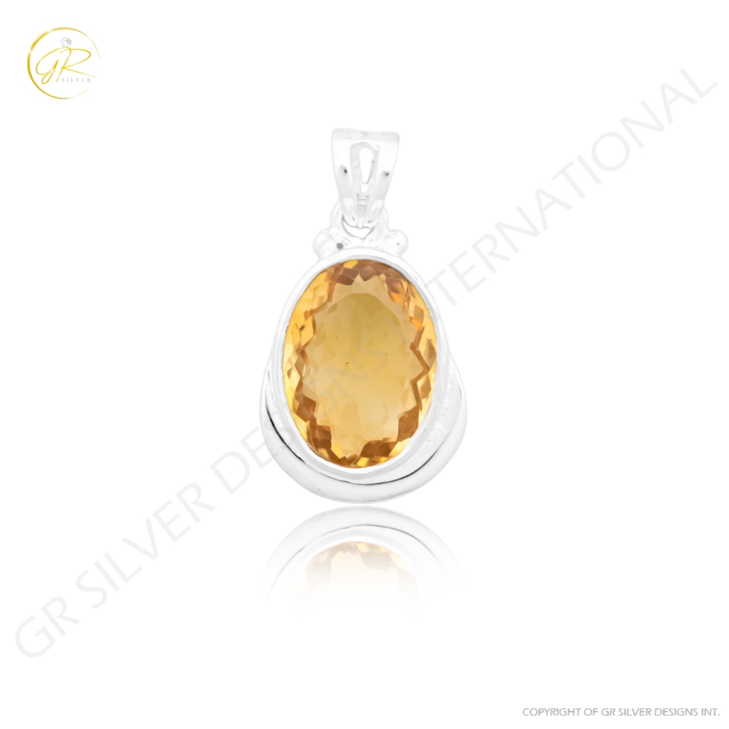 Natural Citrine November Birthstone Oval Sterling Silver Pendant