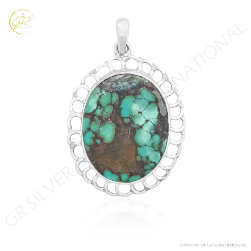 Blue Turquoise Gemstone Sterling Silver Pendant Necklace