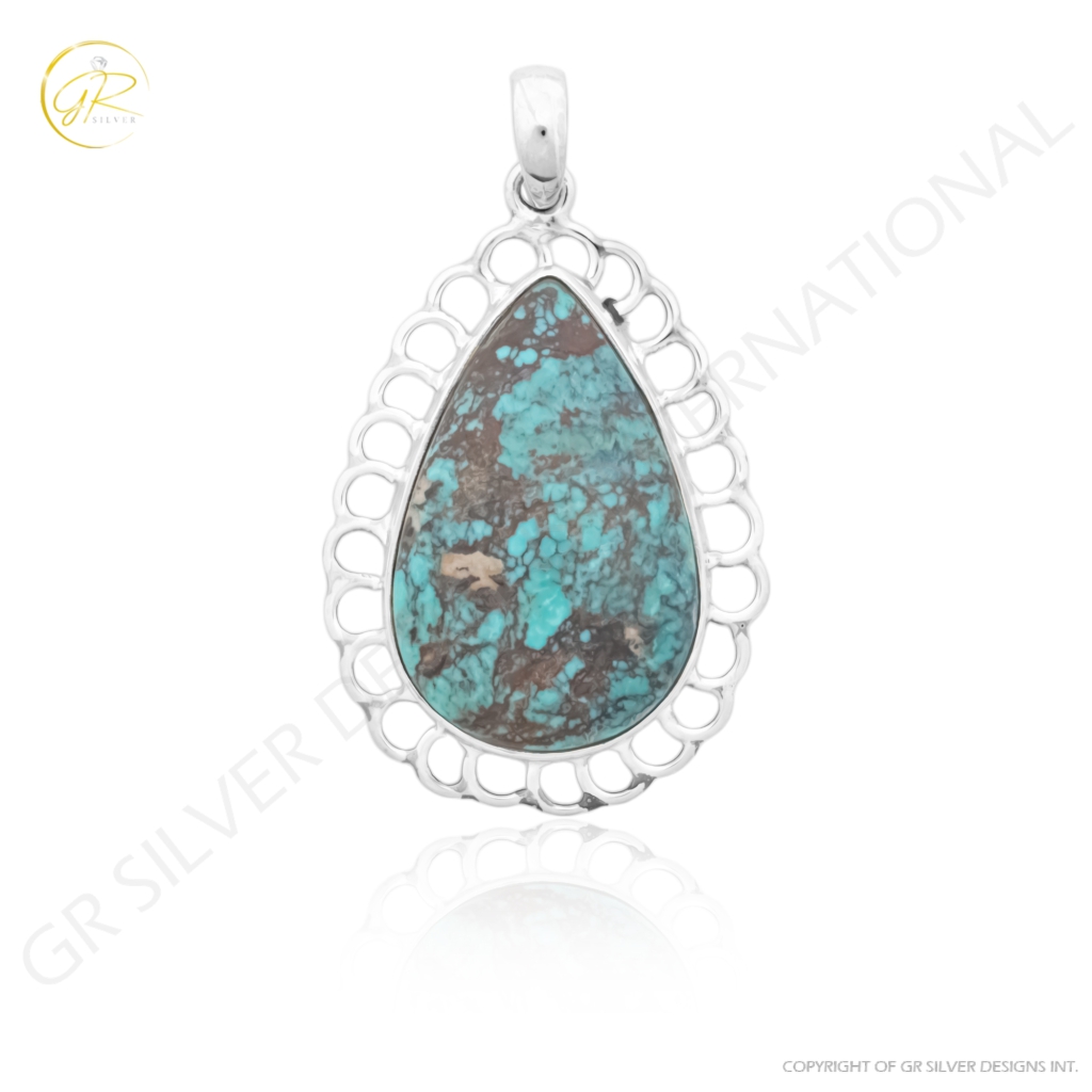 Blue Turquoise Gemstone Sterling Silver Pendant Necklace