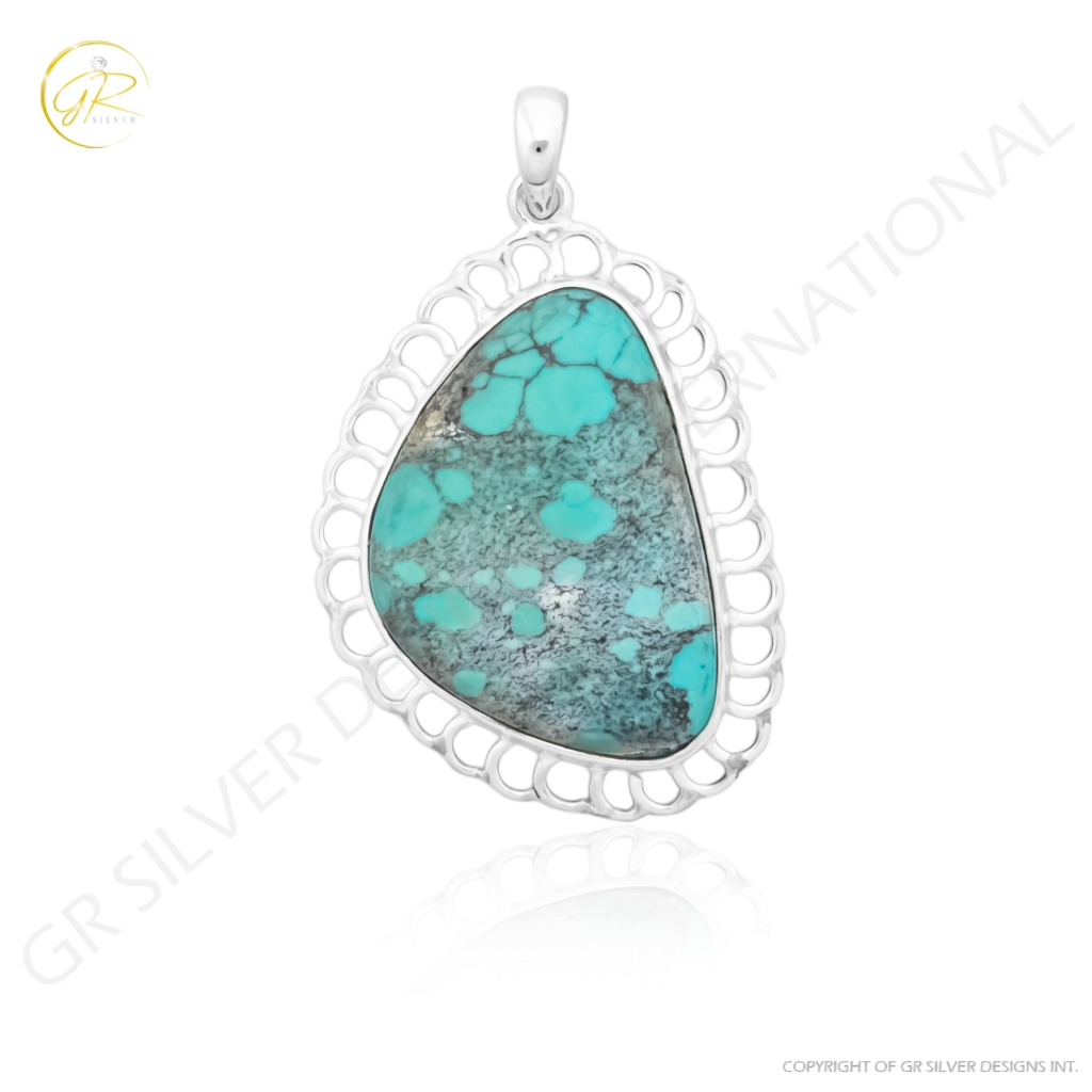 Blue Turquoise Gemstone Sterling Silver Pendant Necklace