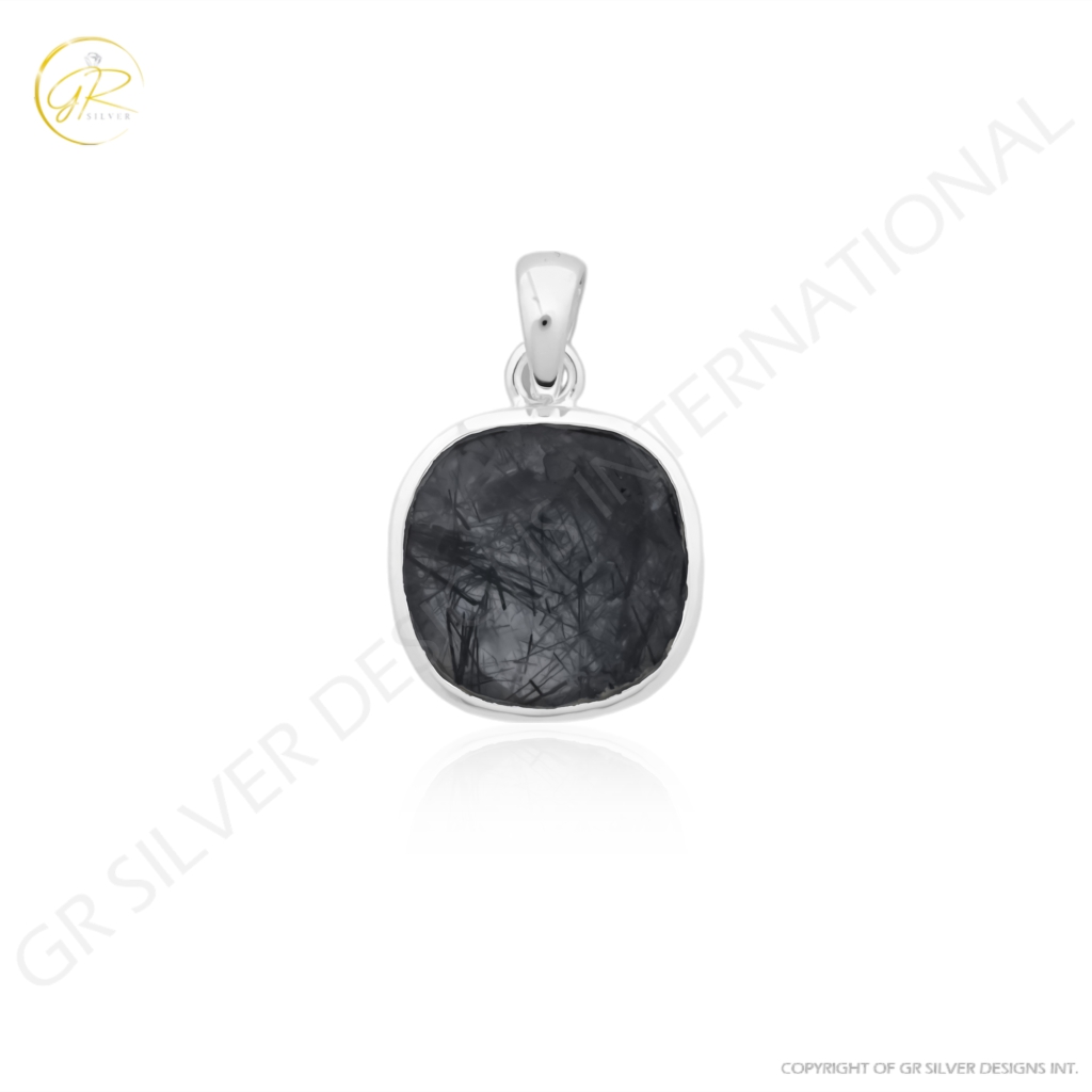 Natural Black Rutile Quartz April Birthstone Cushion Sterling Silver Pendant