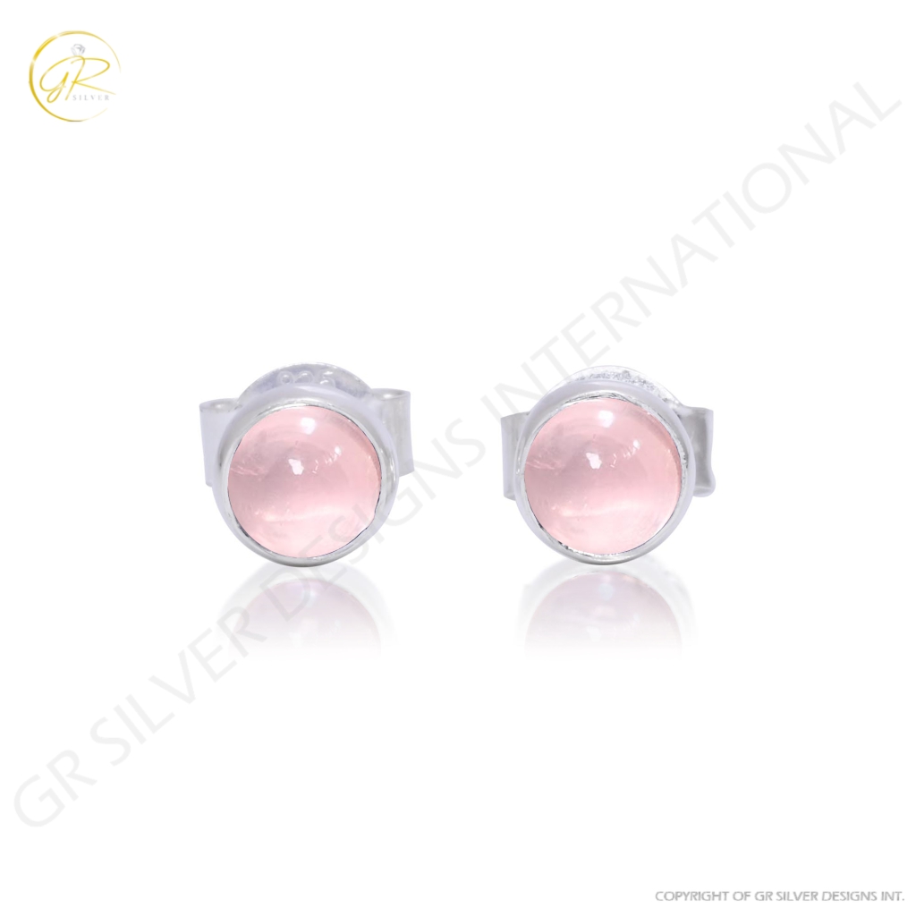 Natural Rose Quartz  Birthstone Sterling Silver Round Studs Earrings