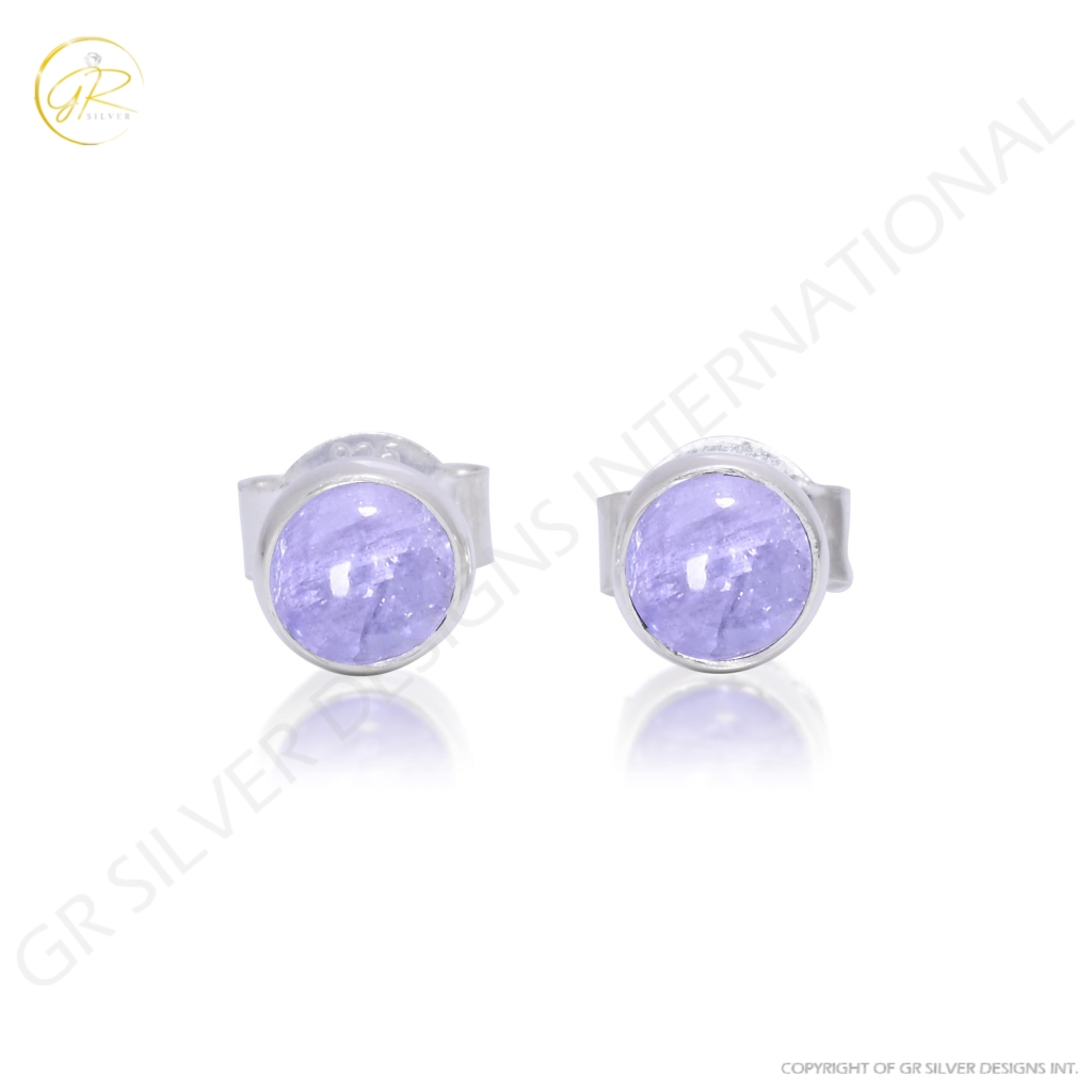 Natural Iolite Birthstone Sterling Silver Round Studs Earrings