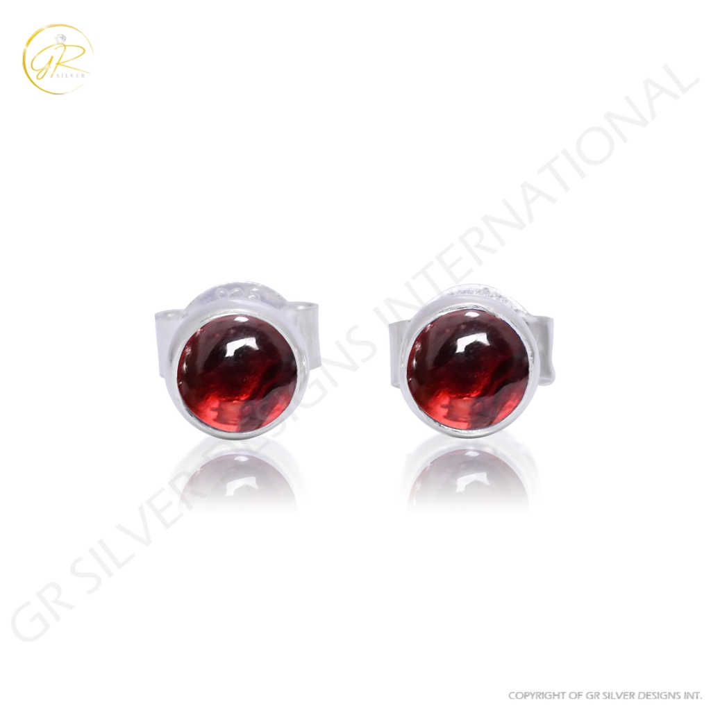 Natural Garnet Birthstone Sterling Silver Round Studs Earrings