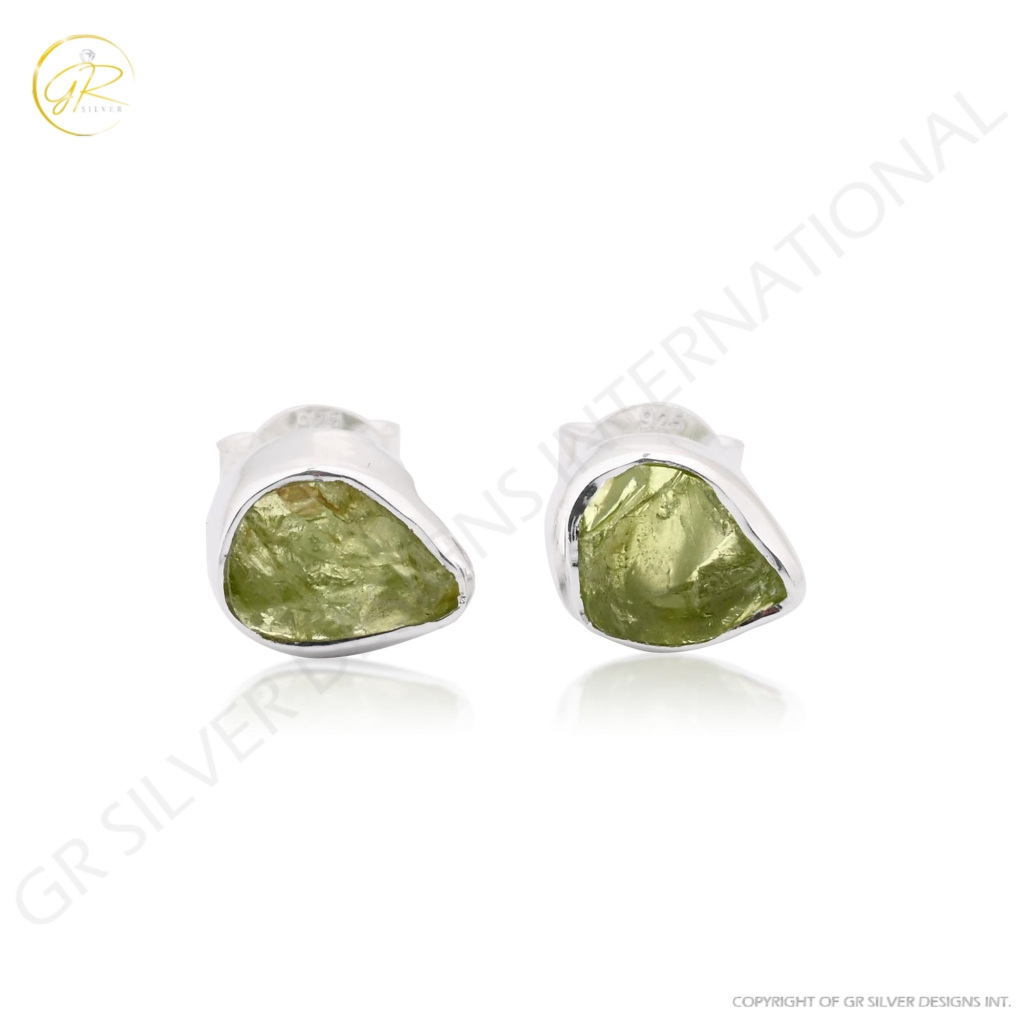 Natural Peridot Birthstone Sterling Silver Round Studs Earrings