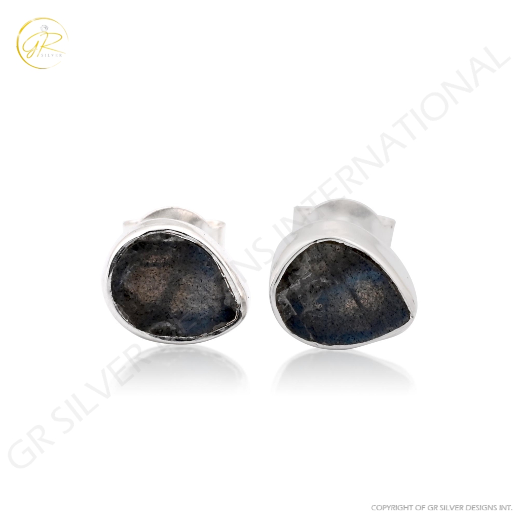 Natural Labradorite Birthstone Sterling Silver Round Studs Earrings