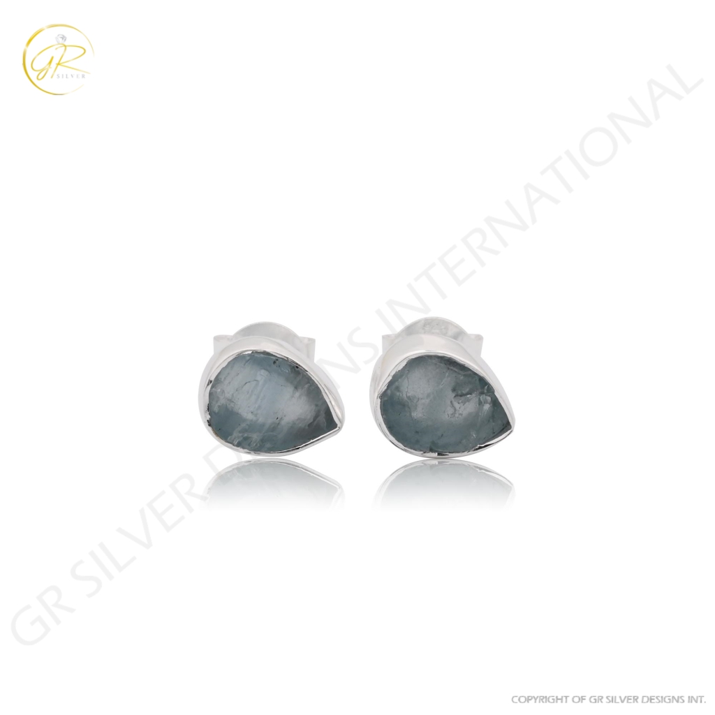 Natural Aquamarine Birthstone Sterling Silver Round Studs Earrings