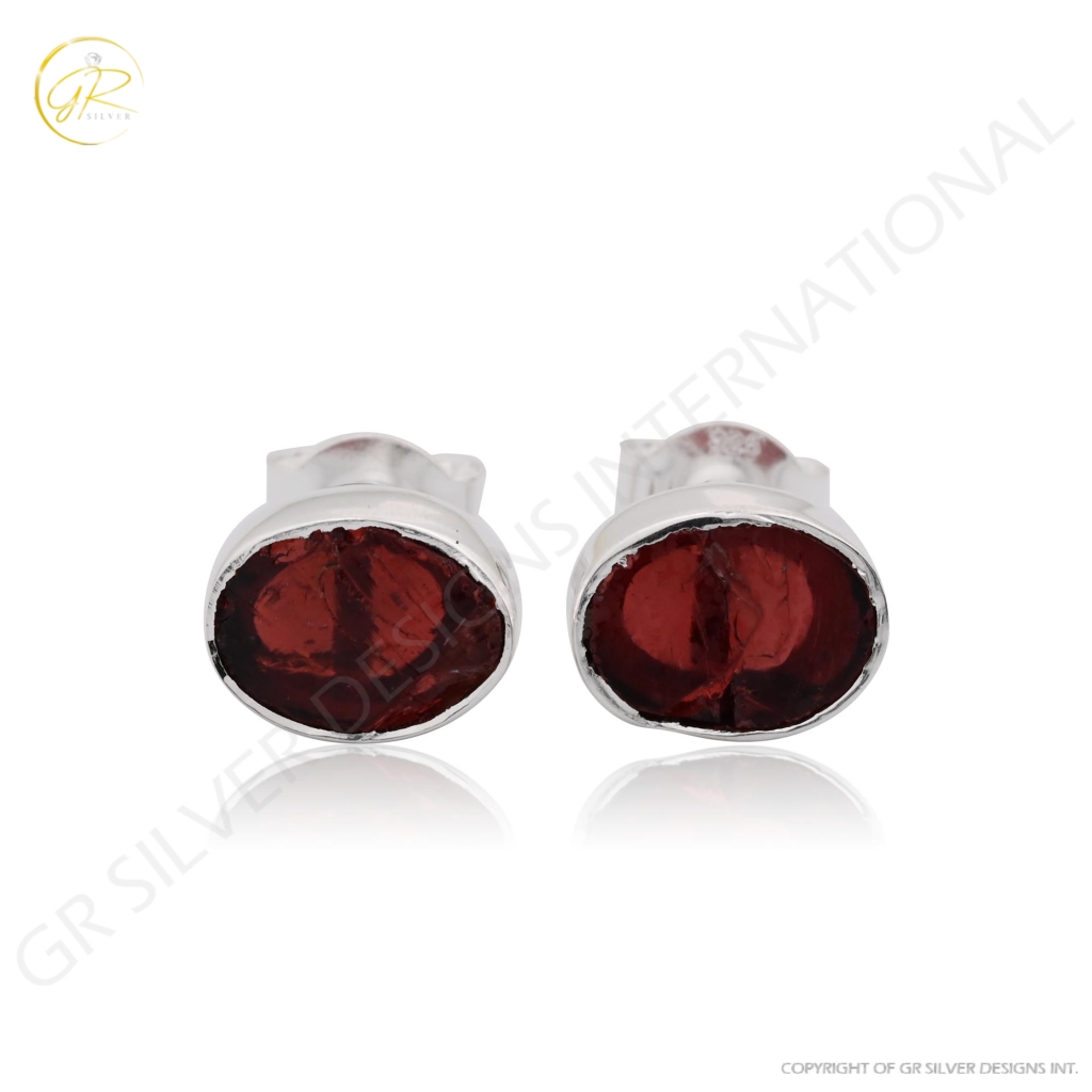 Natural Garnet Birthstone Sterling Silver Round Studs Earrings