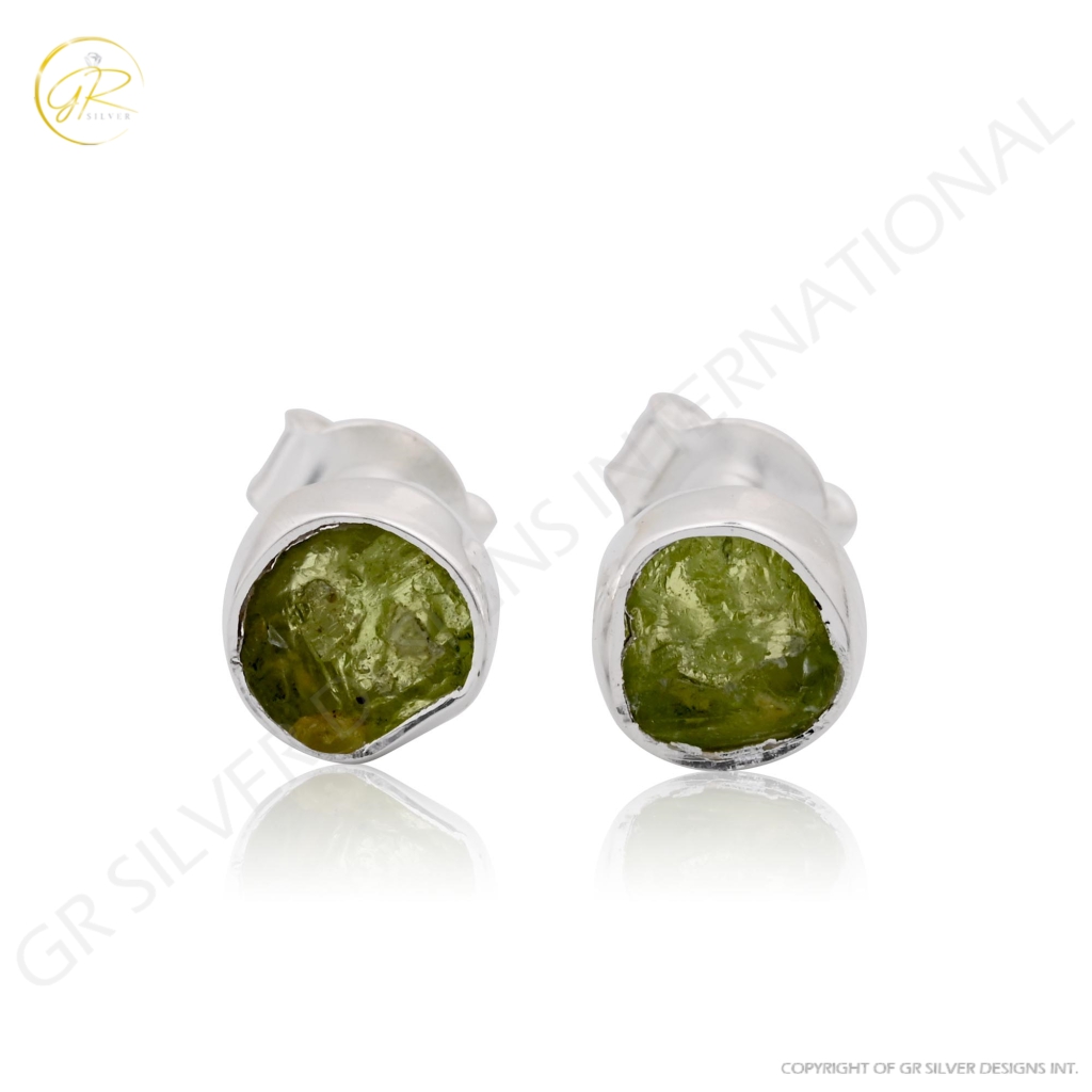 Natural Peridot Birthstone Sterling Silver Round Studs Earrings