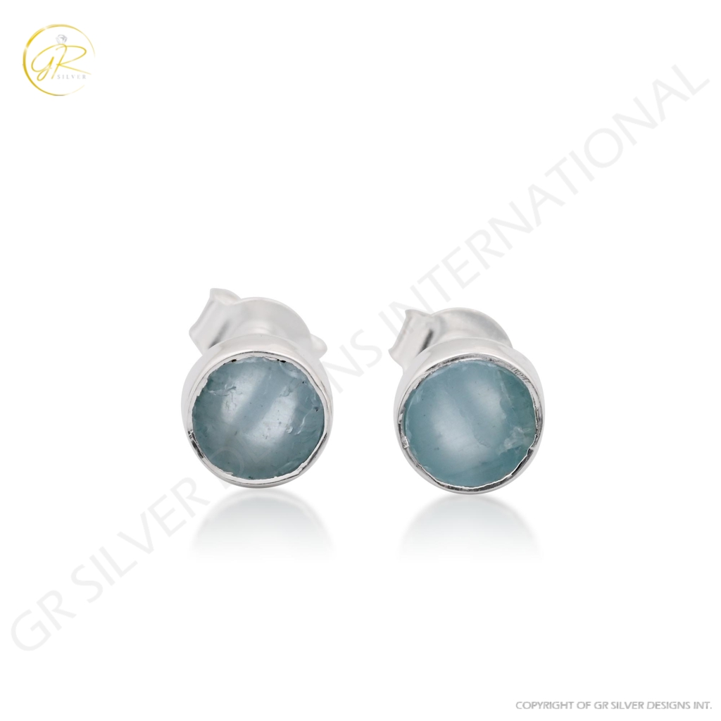 Natural Aquamarine Birthstone Sterling Silver Round Studs Earrings