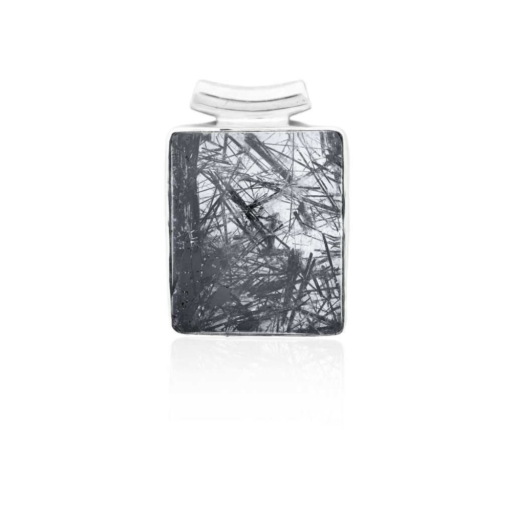 Natural Black Rutilated Quartz Square Sterling Silver Pendant Jewelry