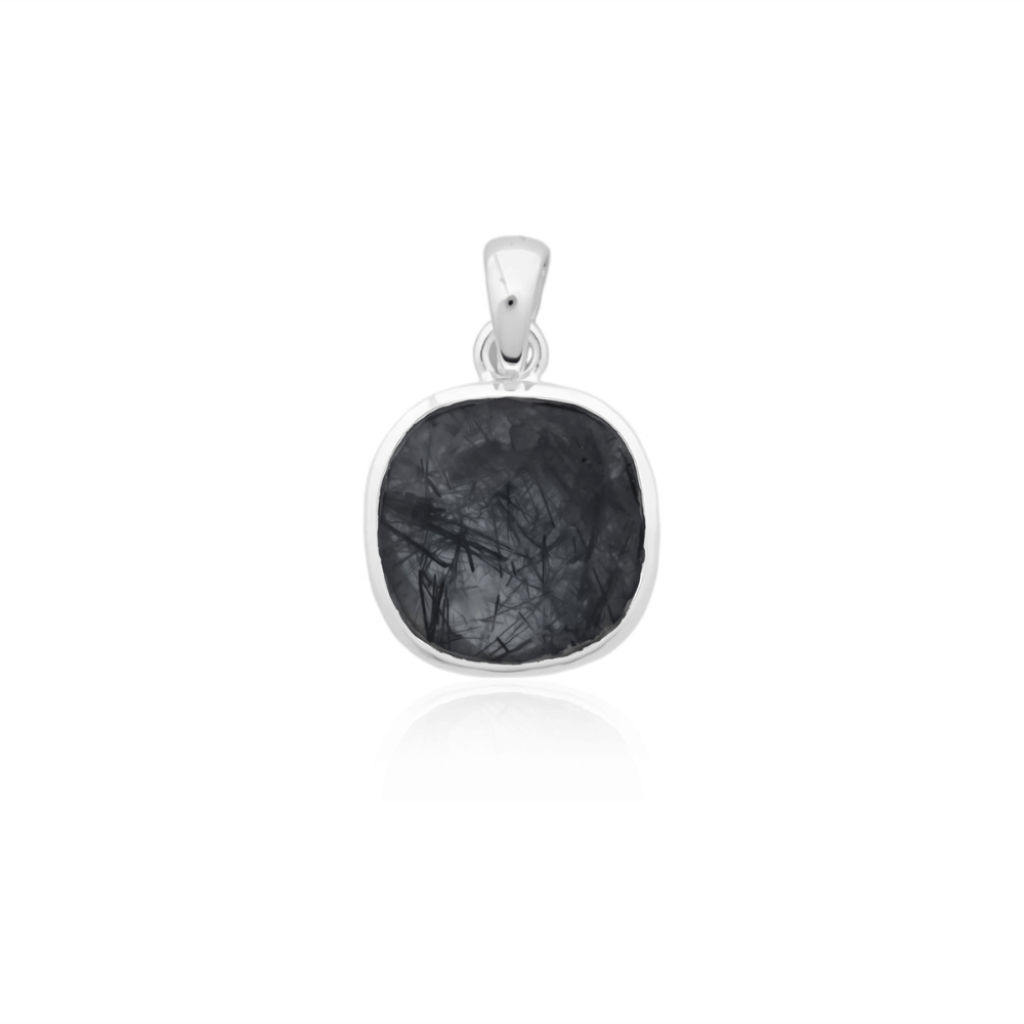 Natural Black Rutile Quartz April Birthstone Cushion Sterling Silver Pendant