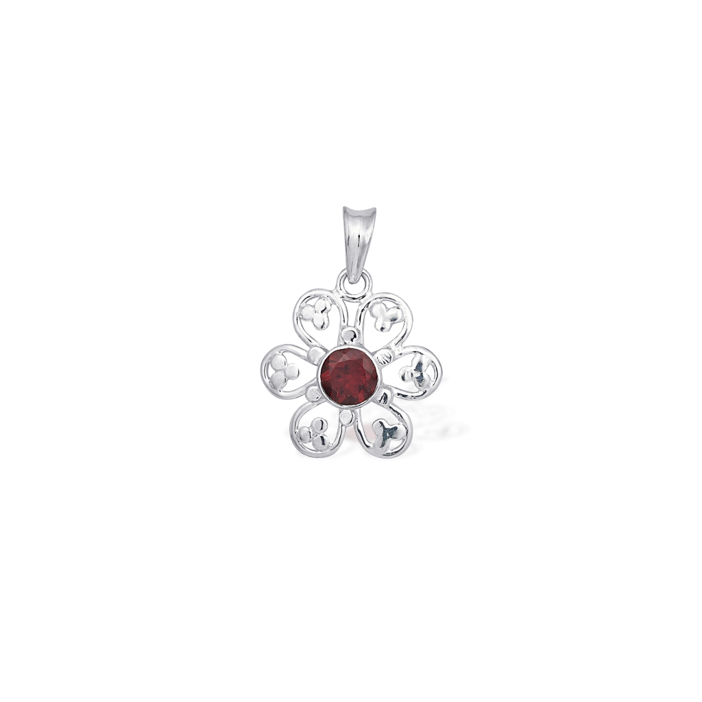 Natural Red Garnet Birthstone Sterling Silver Flower Pendant