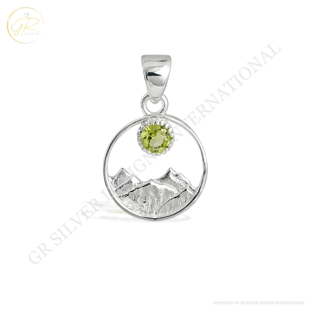 Peridot Birthstone Silver Mountain Pendant Necklace