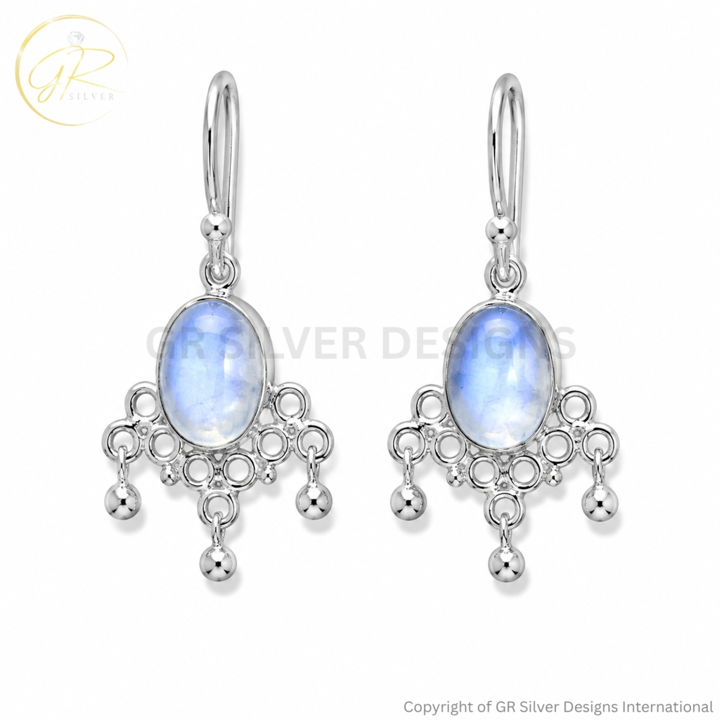 Rainbow Moonstone Sterling Silver Dangle Vintage Style Earrings