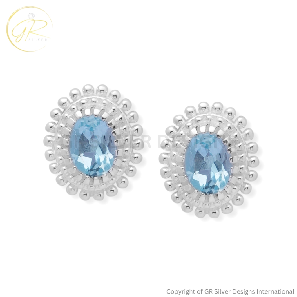 925 Sterling Silver Blue Topaz Oval Cut Stud Earrings | December Birthstone Jewelry