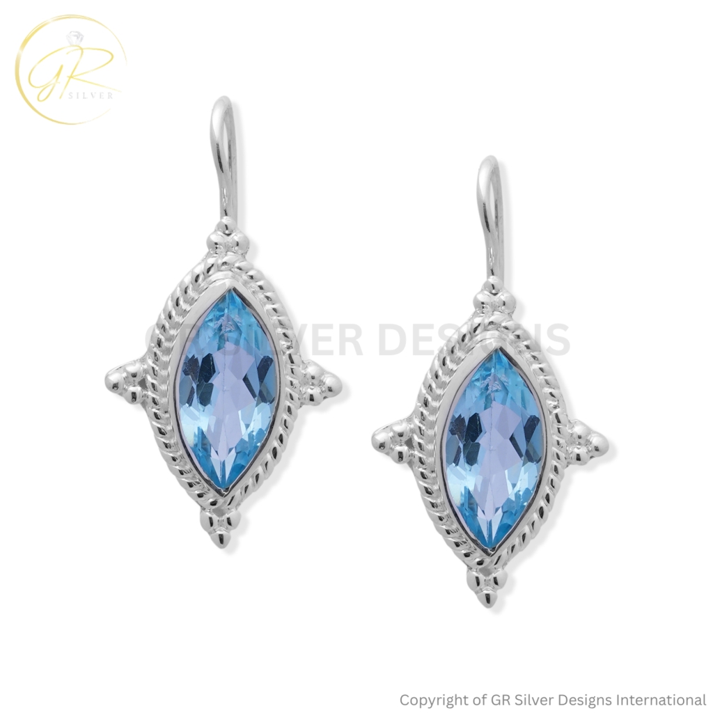 925 Sterling Silver Blue Topaz Marquise Cut Earrings | December Birthstone for Women
