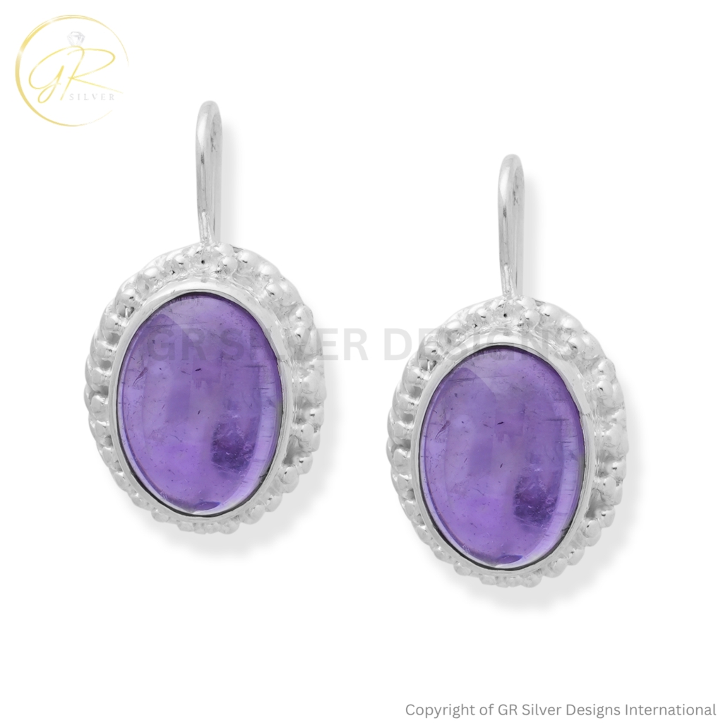 925 Sterling Silver Amethyst Cabochon Dangle Earrings For Girls