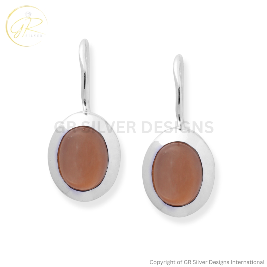 Peach Moonstone Oval Dangle Earrings in 925 Sterling Silver