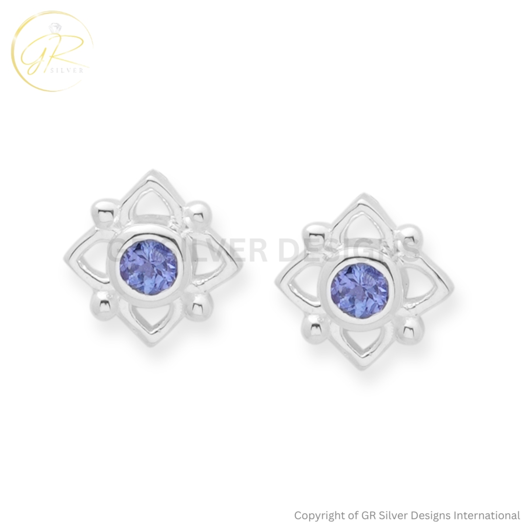 Natural Tanzanite Round Cut Sterling Silver Stud Earrings