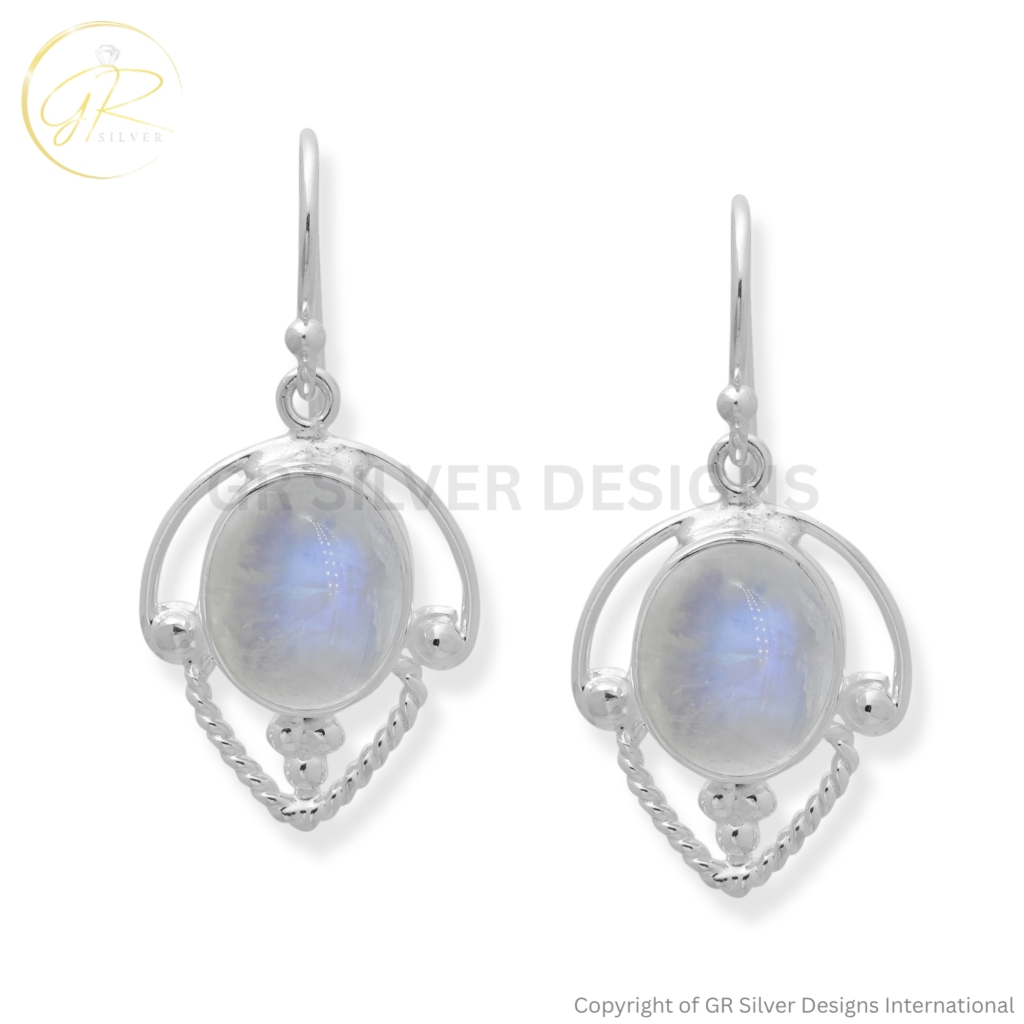 Rainbow Moonstone Dangle Silver Boho Earrings