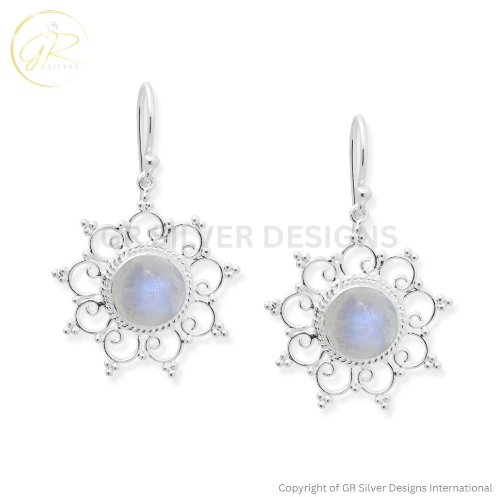 Vintage Floral Rainbow Moonstone Silver Dangle Earrings