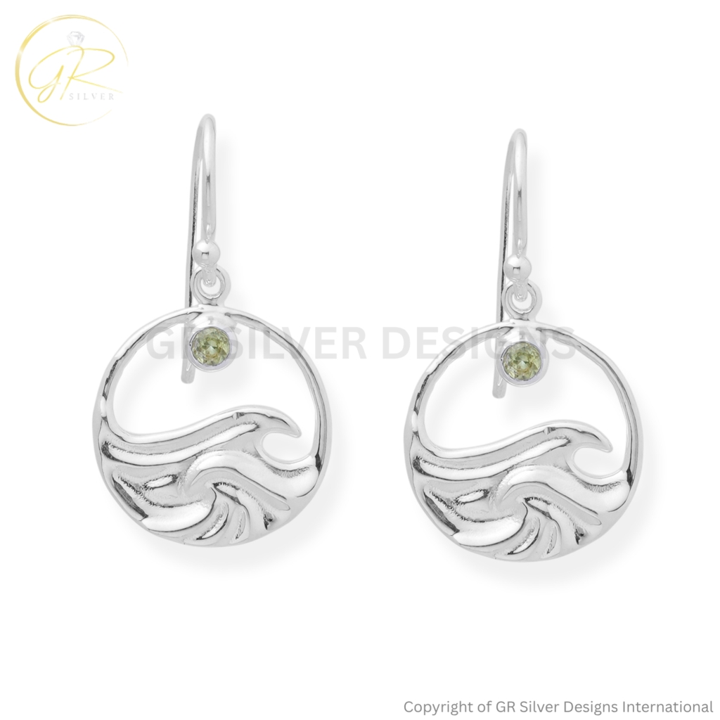 Ocean Wave Sterling Silver Peridot Dangle Earrings For Women