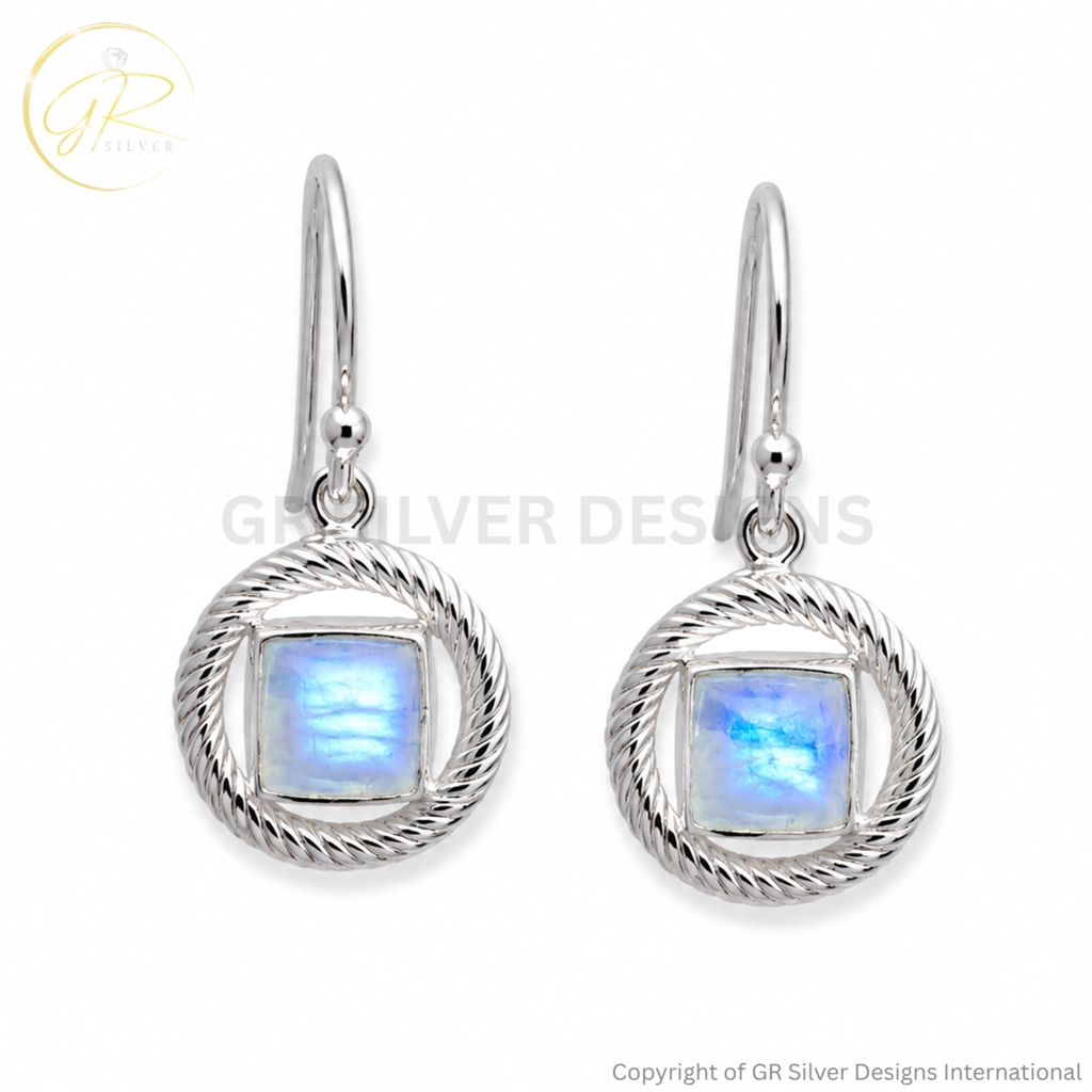 Rainbow Moonstone Dangle Sterling Silver Earrings For Women