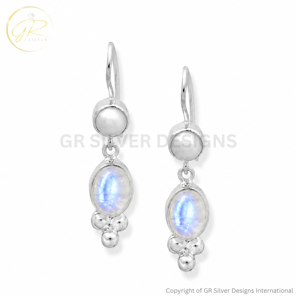Rainbow Moonstone & Freshwater Pearl Sterling Silver Earrings