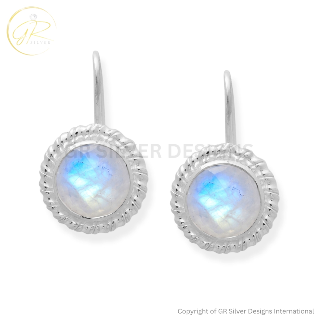 Rainbow Moonstone Round Dangle Sterling Silver Earrings