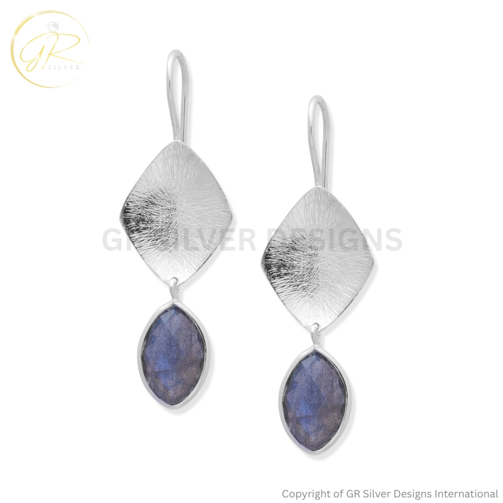 Long Labradorite Marquise Sterling Silver Dangle Earrings