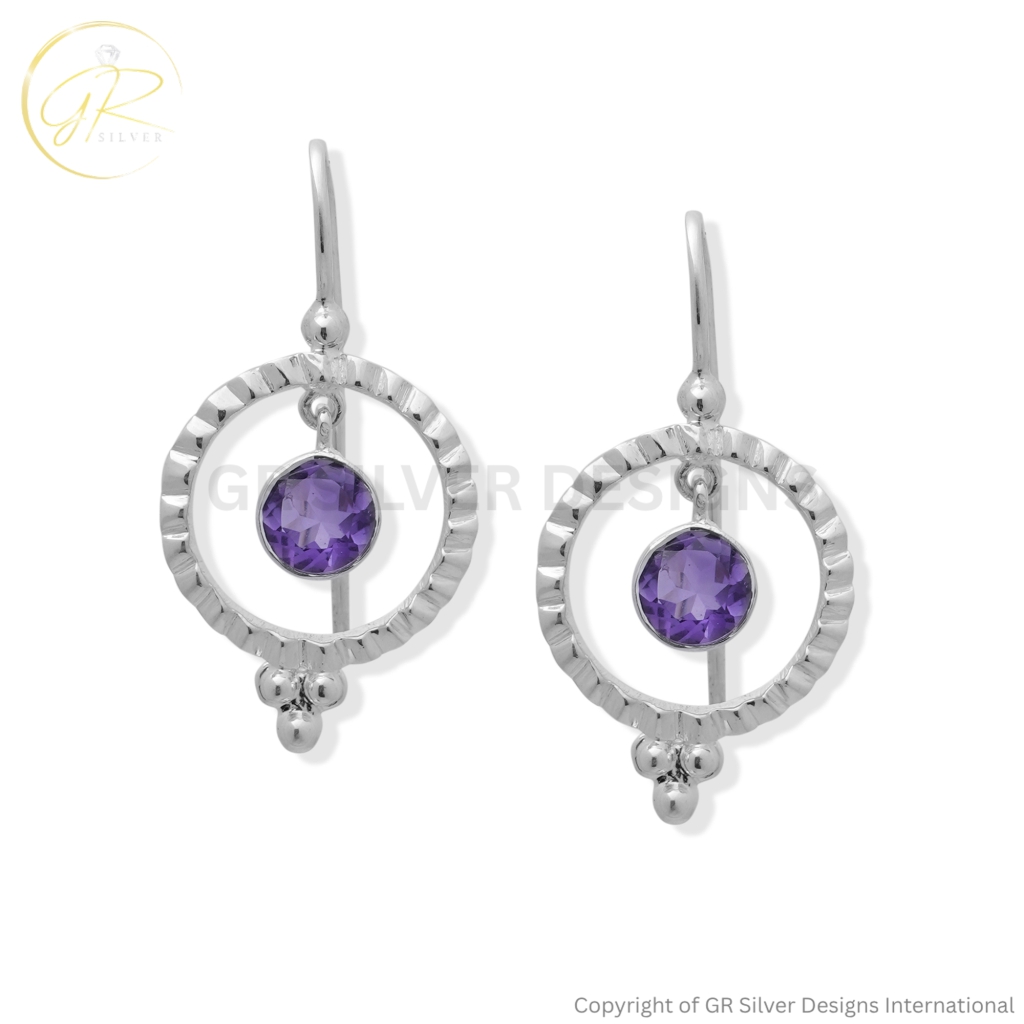 Natural Amethyst Round Silver Dangle Earrings