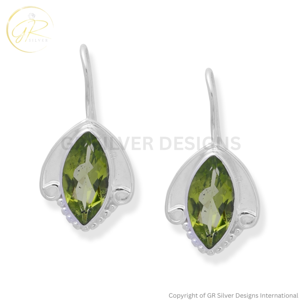 Natural Peridot Marquise Birthstone Silver Earrings