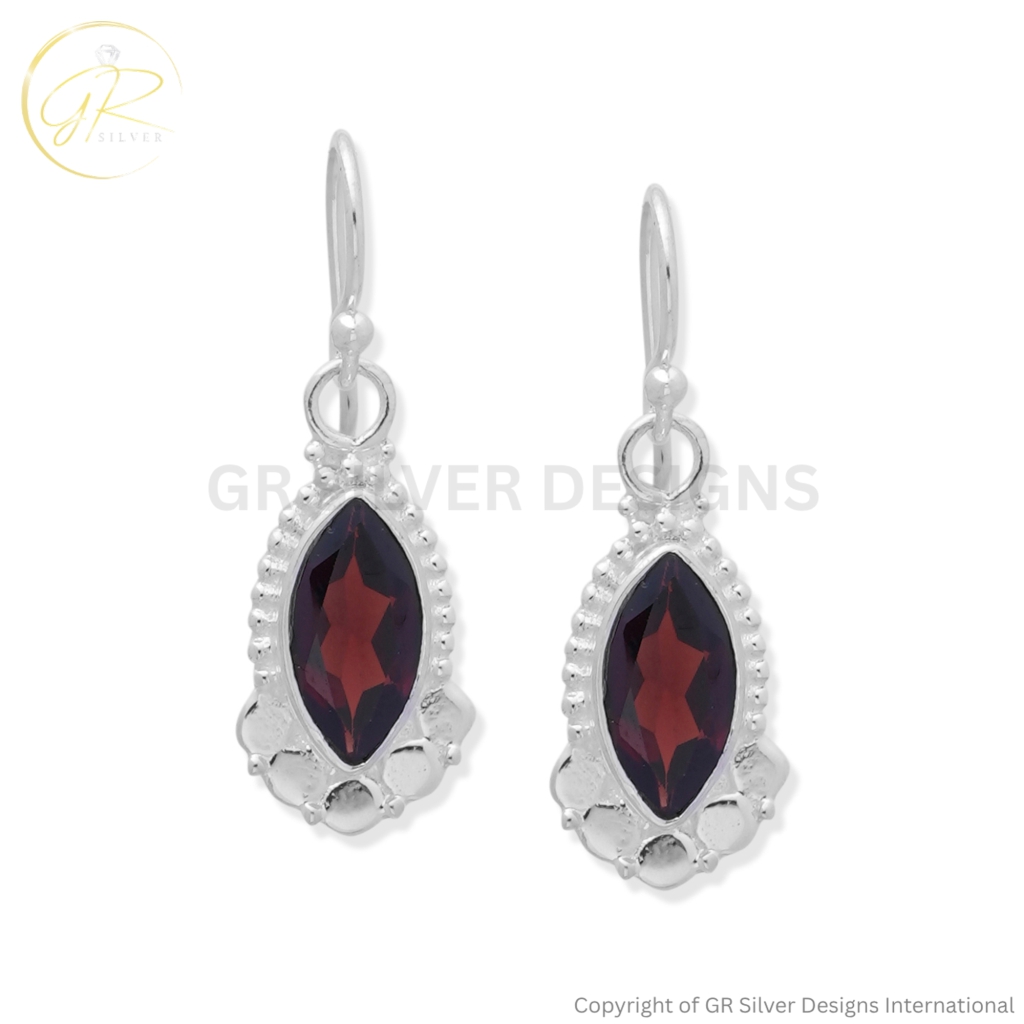 Red Garnet Marquise Cut Sterling Silver Dangle Earrings