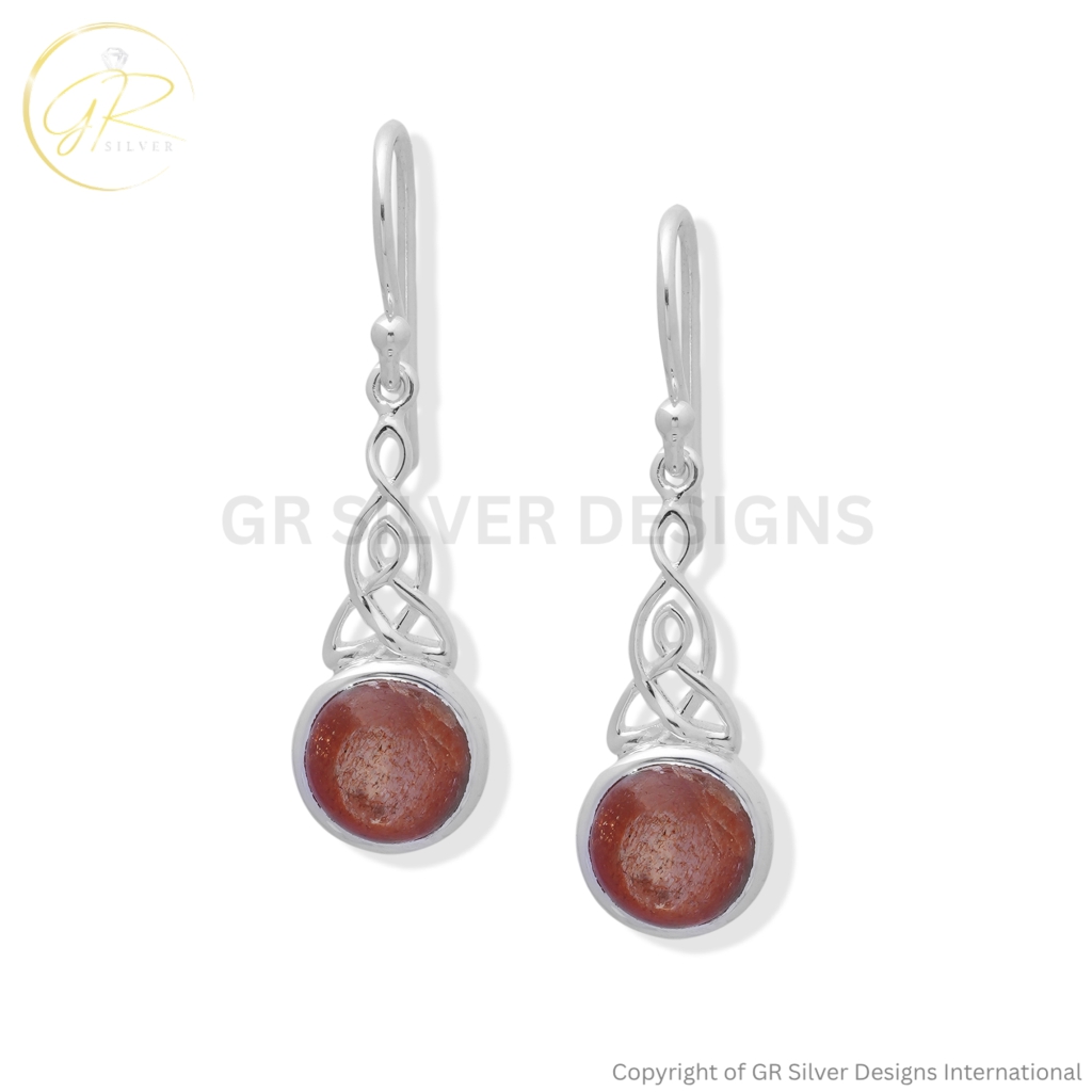 925 Sterling Silver Sunstone Celtic Knot Dangle Earrings