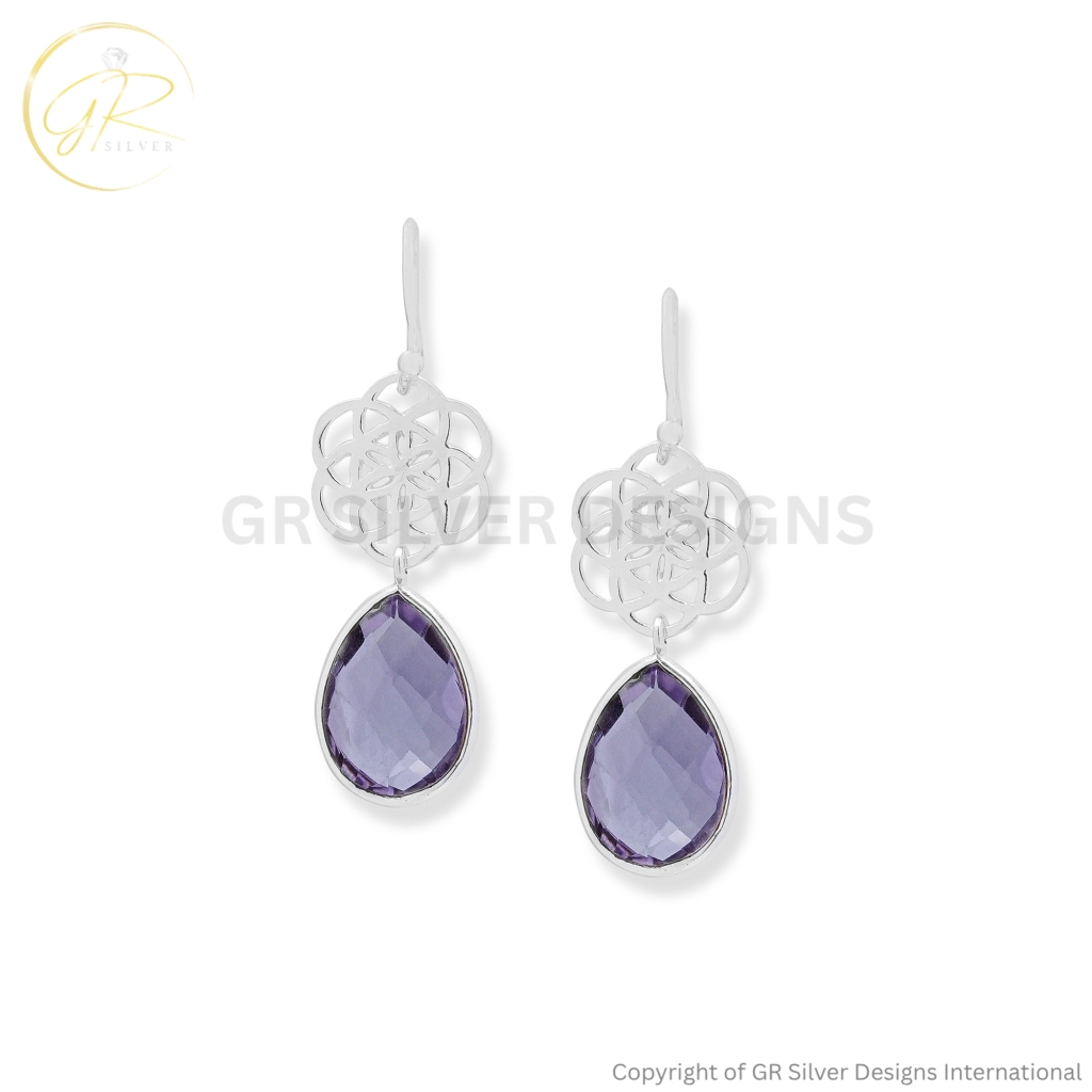925 Sterling Silver Teardrop Amethyst Dangle Earrings