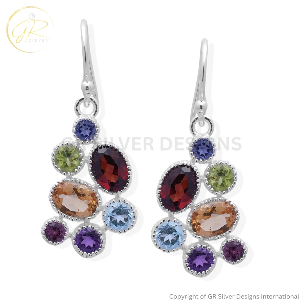 925 Sterling Silver Seven Chakra Birthstone Dangle Earrings