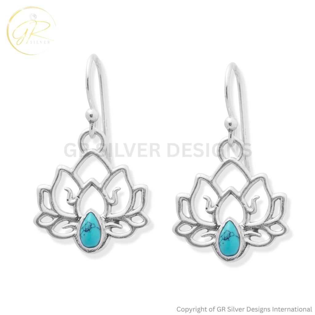 Turquoise Lotus Earrings in Sterling Silver By GR Silver Designs