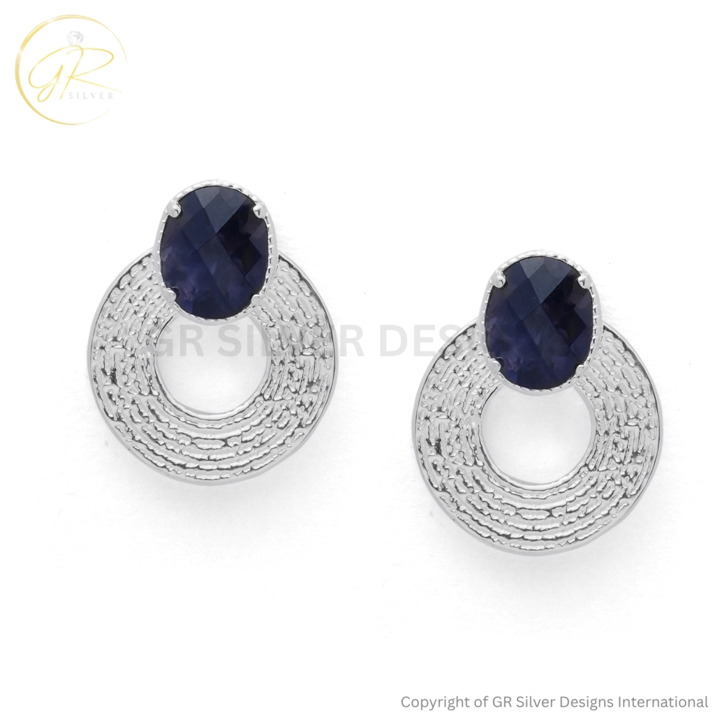Natural Iolite Birthstone Sterling Silver Studs Earrings